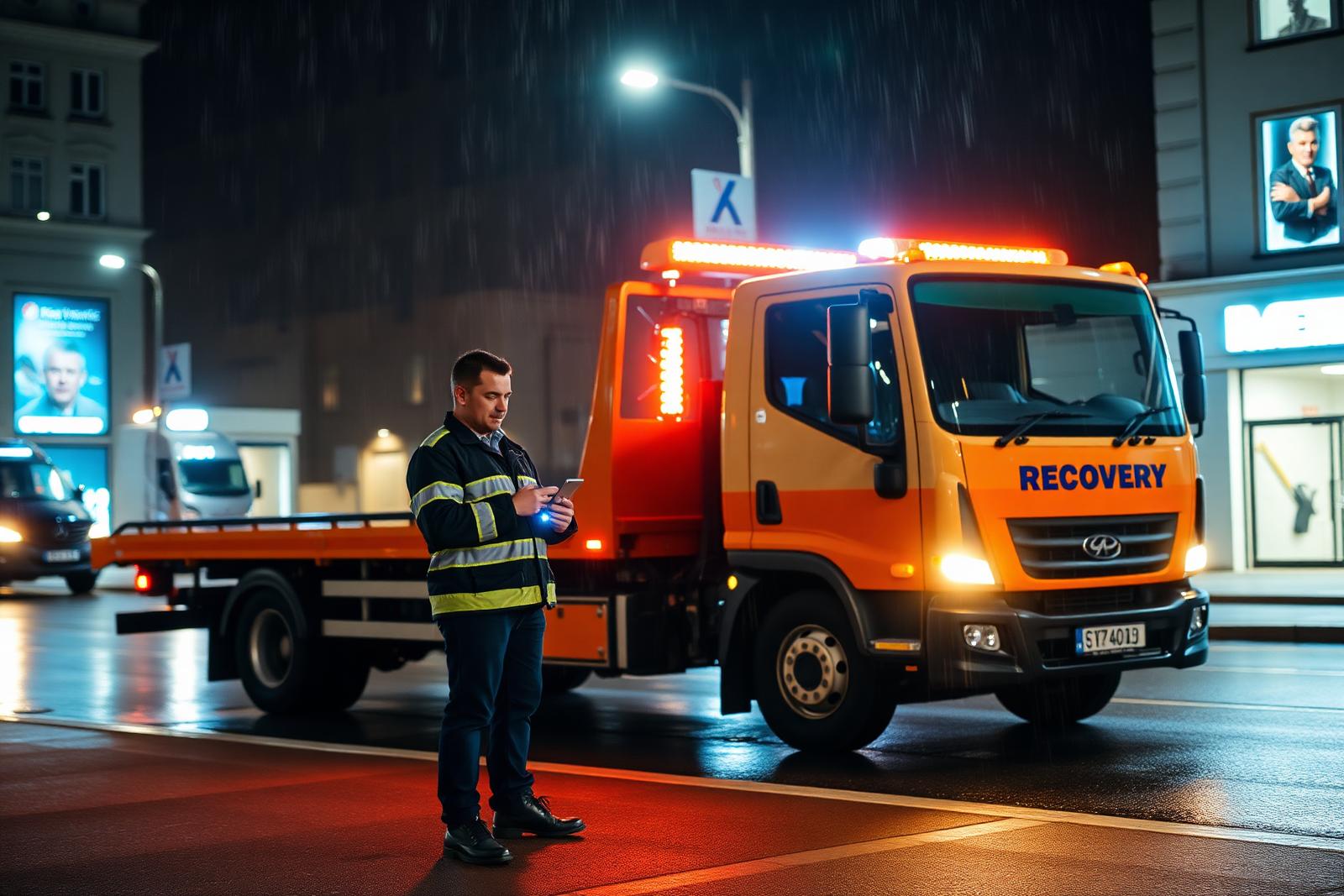 24/7 recovery truck at night
